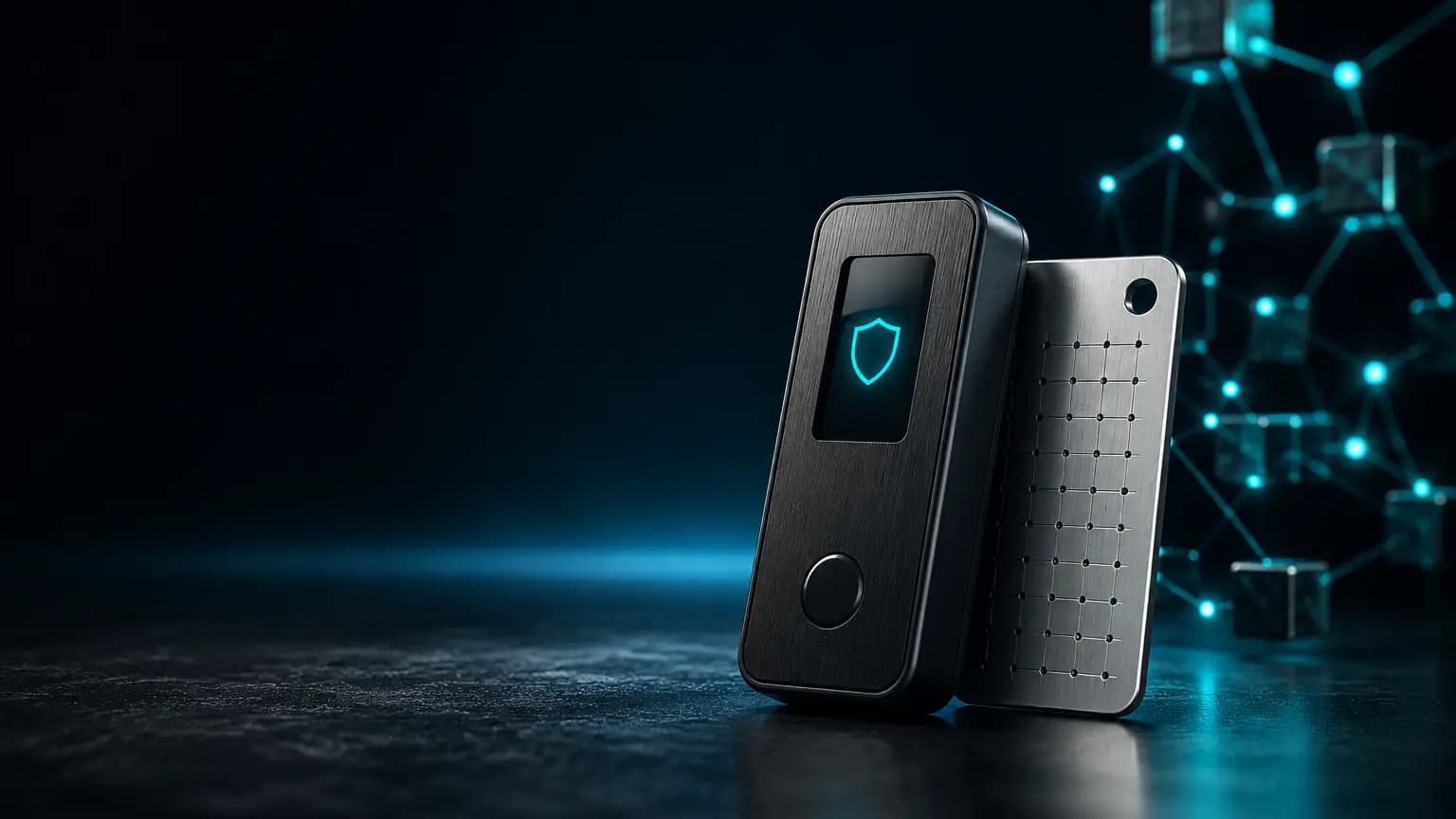 Unabhängiges Hardware-Wallet-Gerät auf dunklem Studiohintergrund