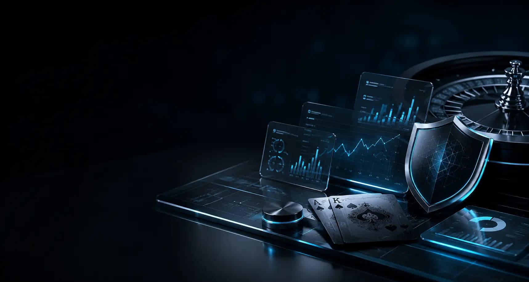 Abstrakte Casino-Wissenswelt mit Datenkarten und Sicherheitssymbol
